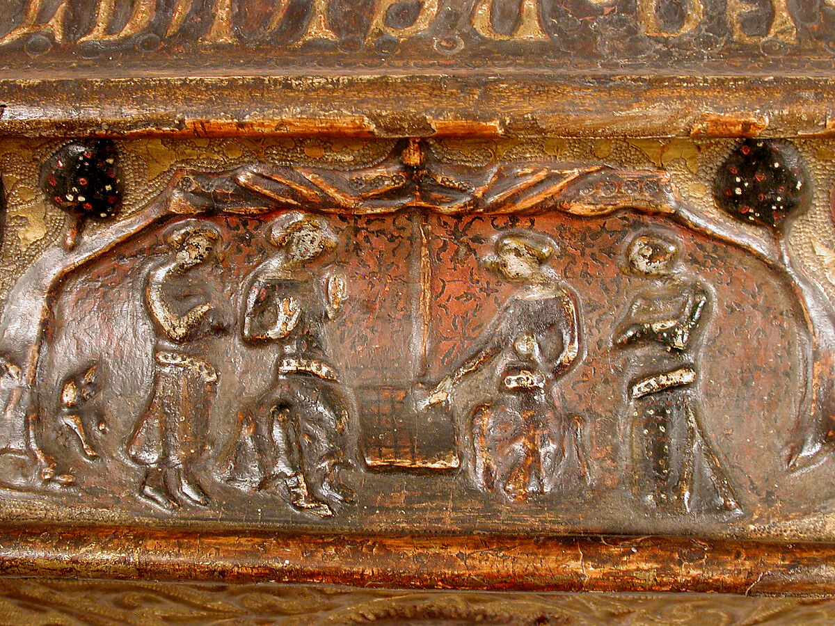 Coffret, Poplar with gilded and painted gesso, and pastiglia decoration, Italian