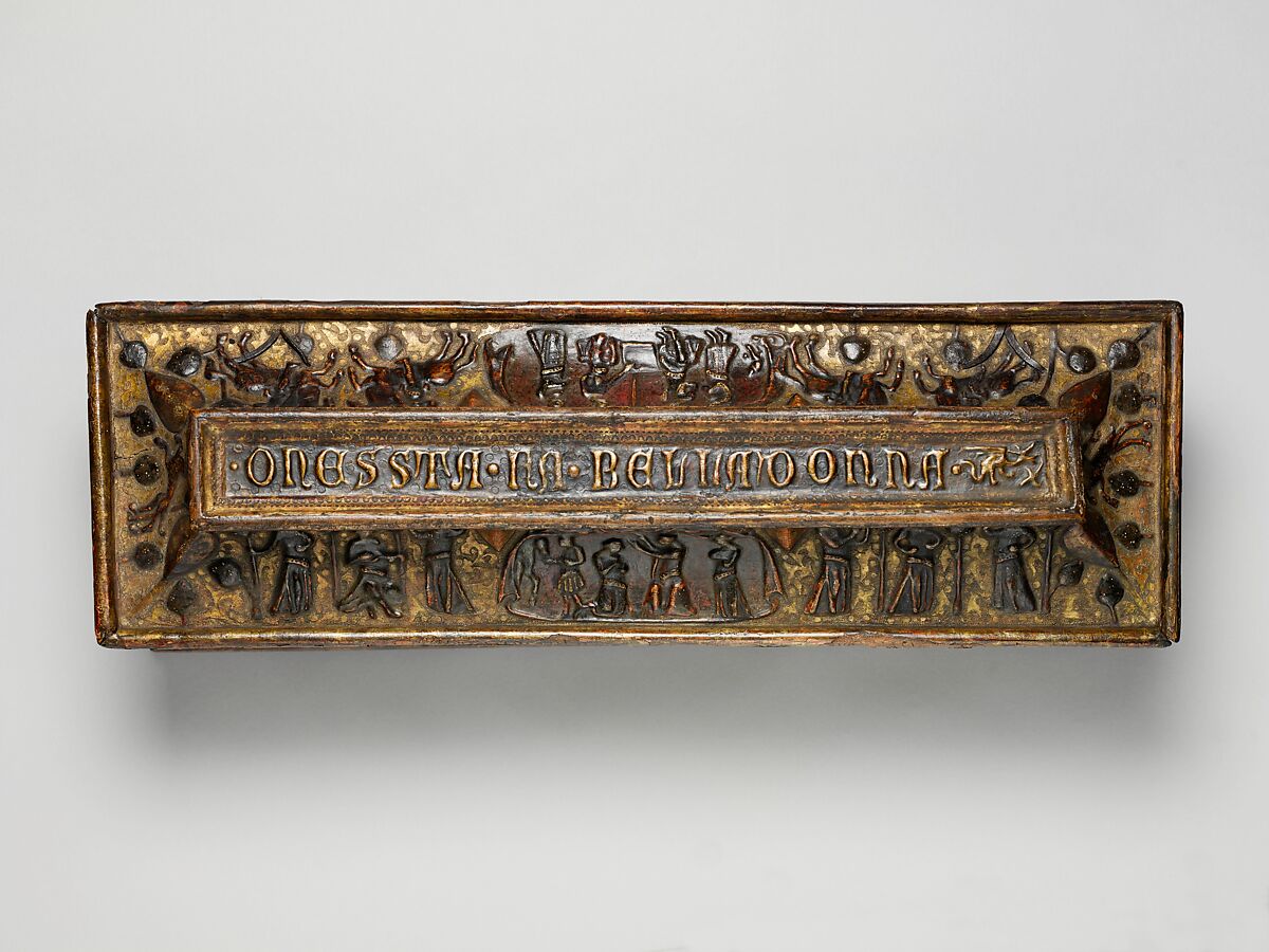 Coffret, Poplar with gilded and painted gesso, and pastiglia decoration, Italian