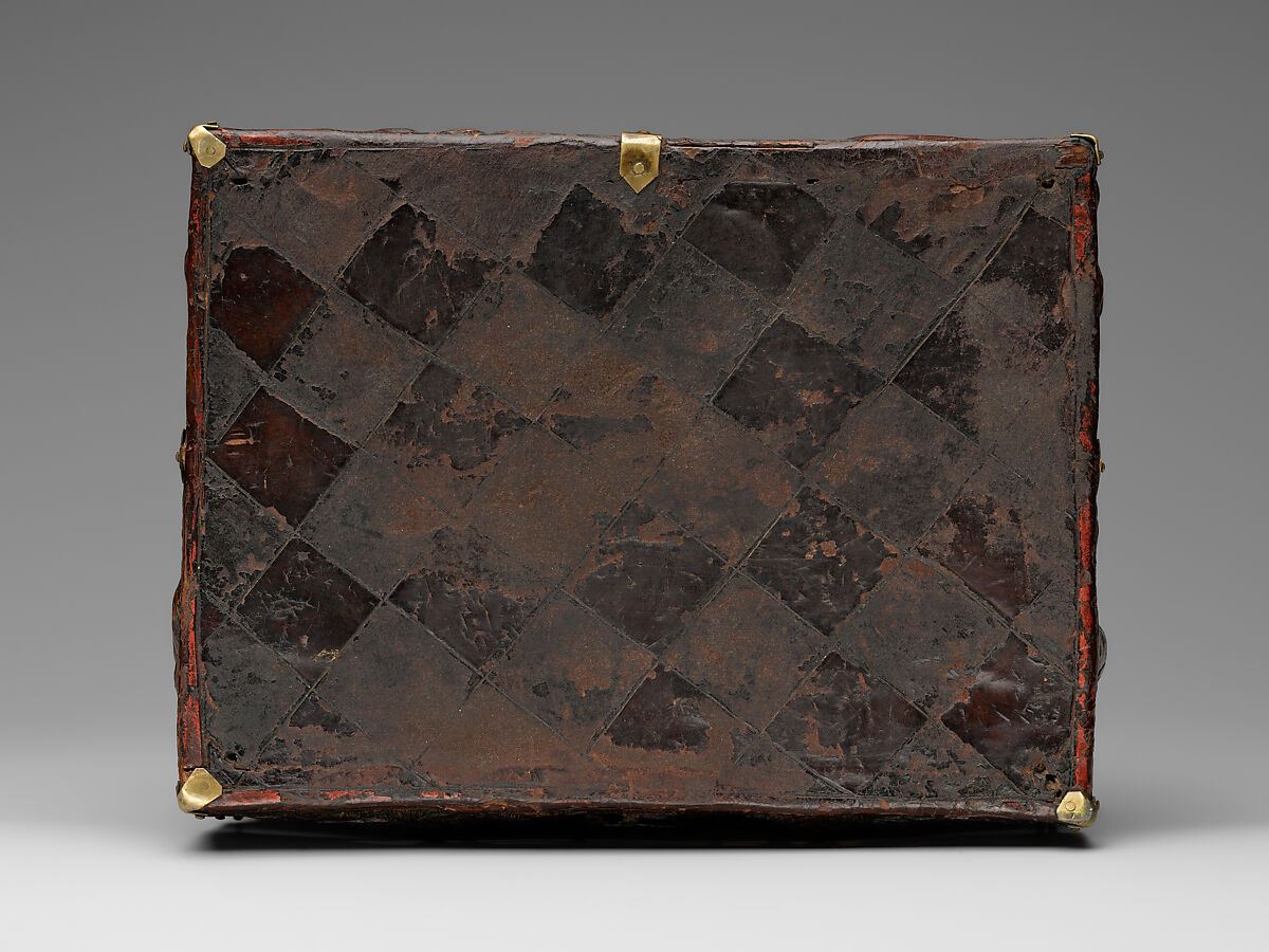 Coffret, Embossed leather, walnut, gilding, polychromy, copper alloy and iron fittings, French
