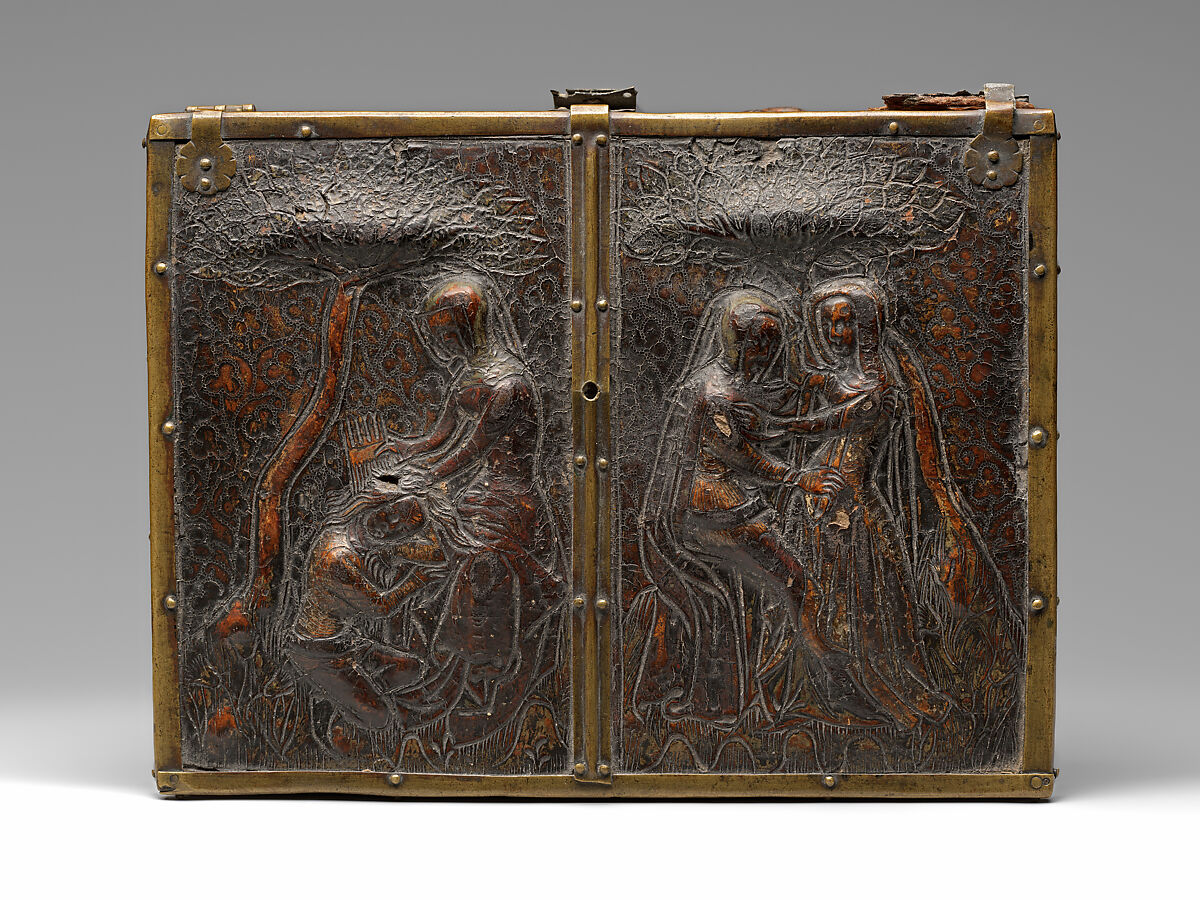 Coffret, Embossed leather, walnut, gilding, polychromy, copper alloy and iron fittings, French