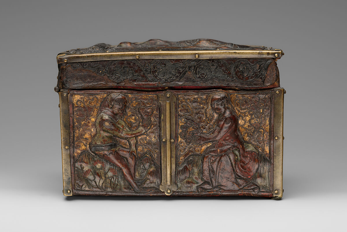 Coffret, Embossed leather, walnut, gilding, polychromy, copper alloy and iron fittings, French