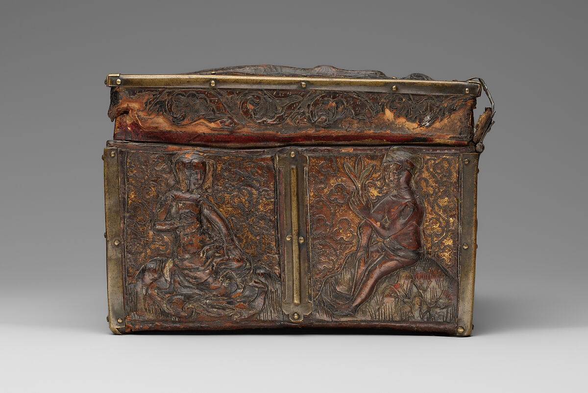 Coffret, Embossed leather, walnut, gilding, polychromy, copper alloy and iron fittings, French