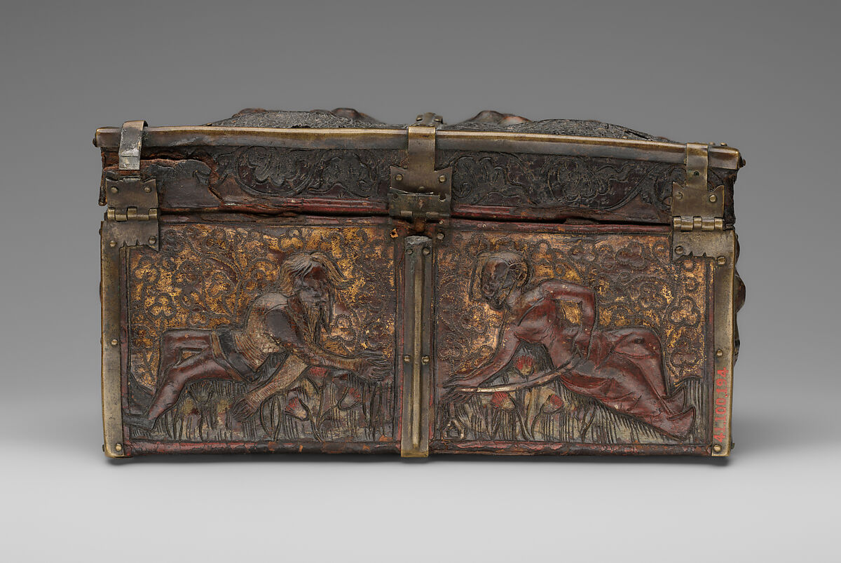 Coffret, Embossed leather, walnut, gilding, polychromy, copper alloy and iron fittings, French