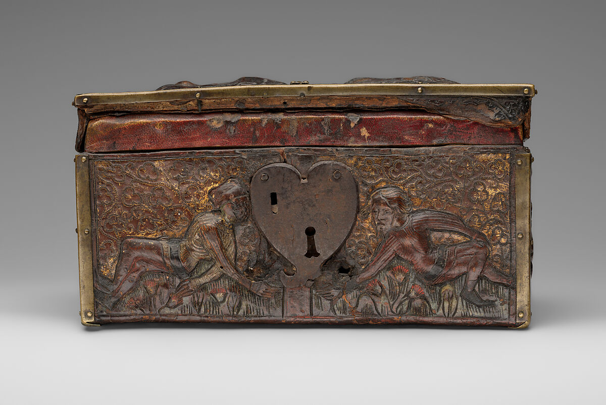 Coffret, Embossed leather, walnut, gilding, polychromy, copper alloy and iron fittings, French