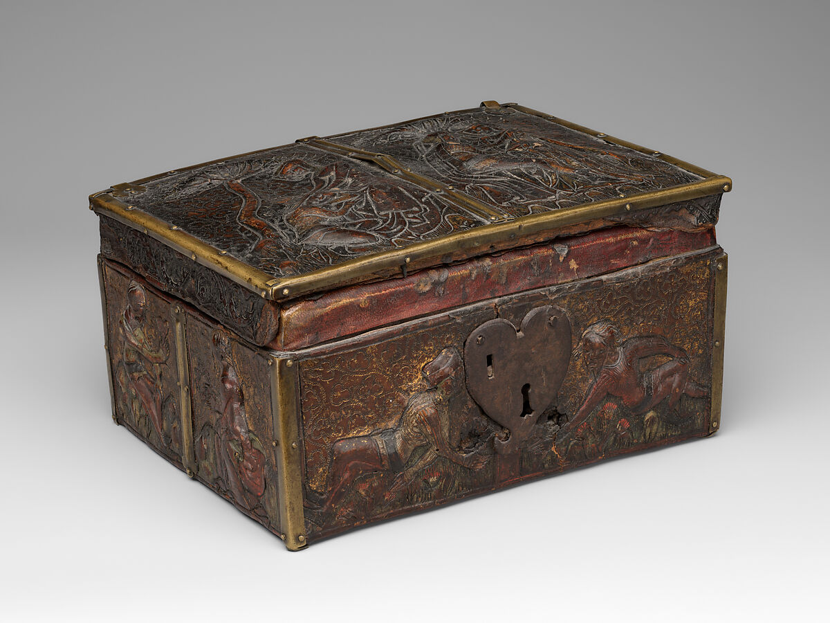 Coffret, Embossed leather, walnut, gilding, polychromy, copper alloy and iron fittings, French