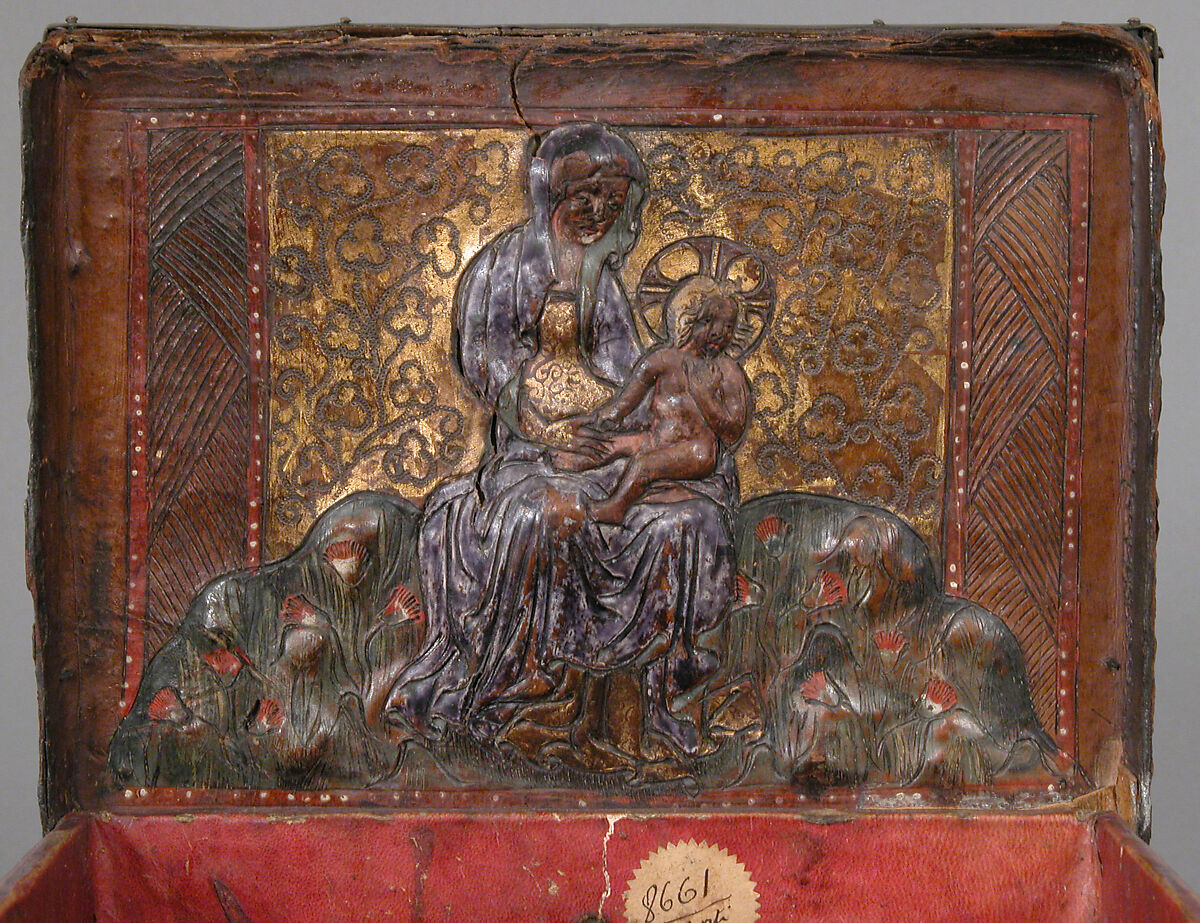 Coffret, Embossed leather, walnut, gilding, polychromy, copper alloy and iron fittings, French