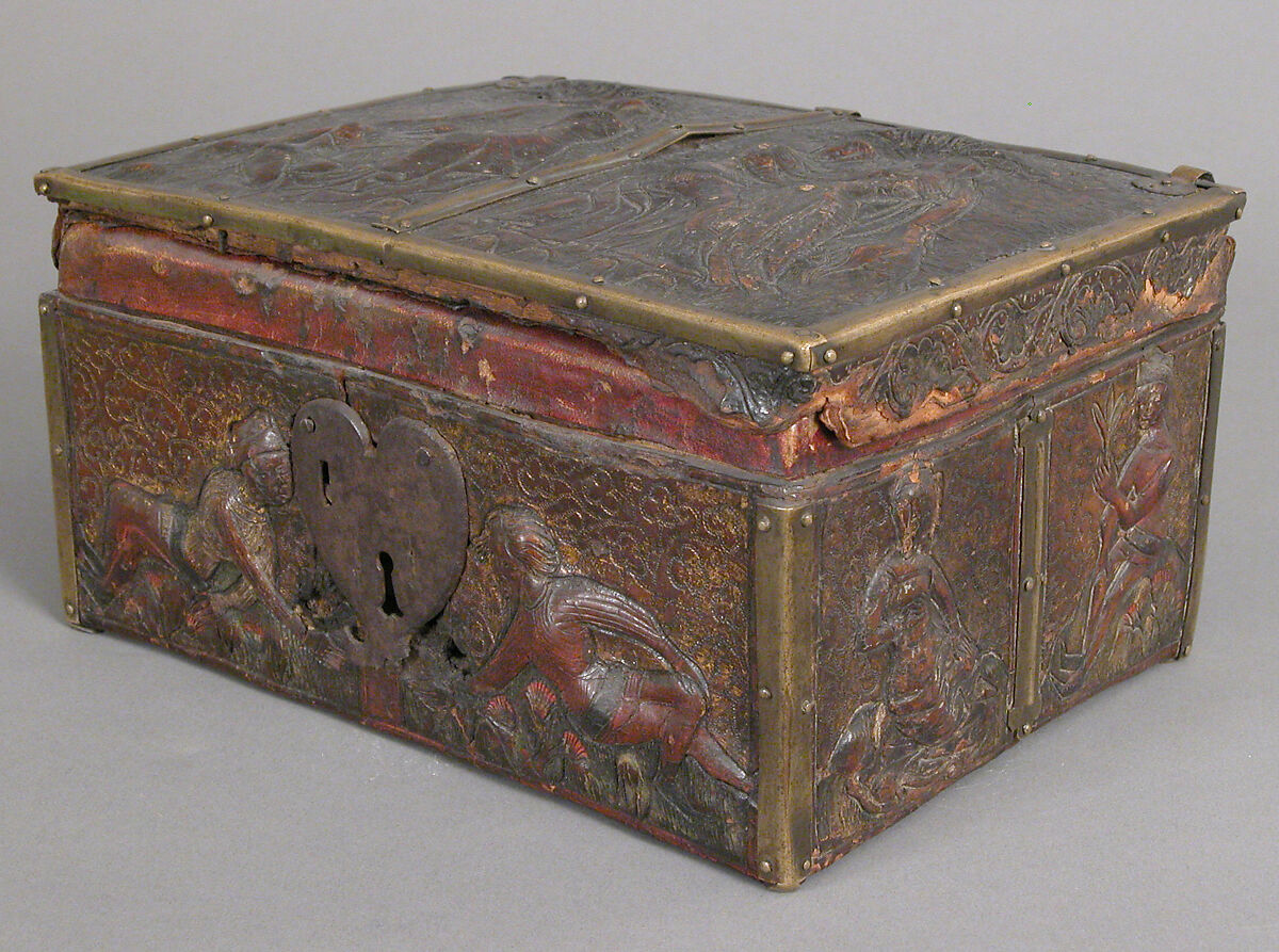 Coffret, Embossed leather, walnut, gilding, polychromy, copper alloy and iron fittings, French