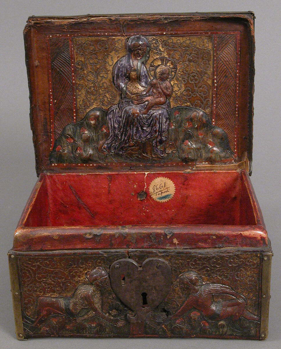 Coffret, Embossed leather, walnut, gilding, polychromy, copper alloy and iron fittings, French