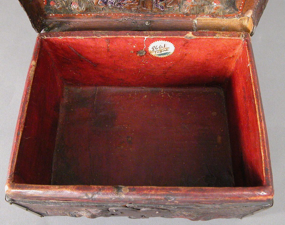 Coffret, Embossed leather, walnut, gilding, polychromy, copper alloy and iron fittings, French