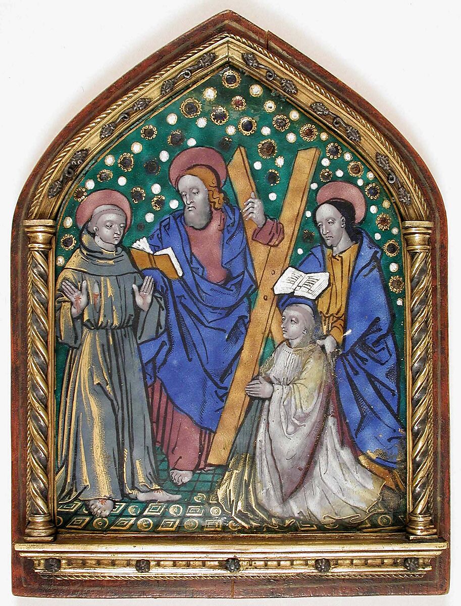 Plaque with Saints and Donor, Painted enamel, copper (frame: gilt copper, silver and wood), French 