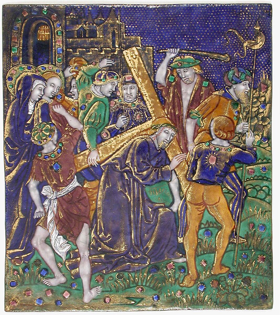 Plaque with Christ Carring Cross, Atelier of Nardon Pénicaud (French, 1470–1542/43), Painted enamel, copper, French 