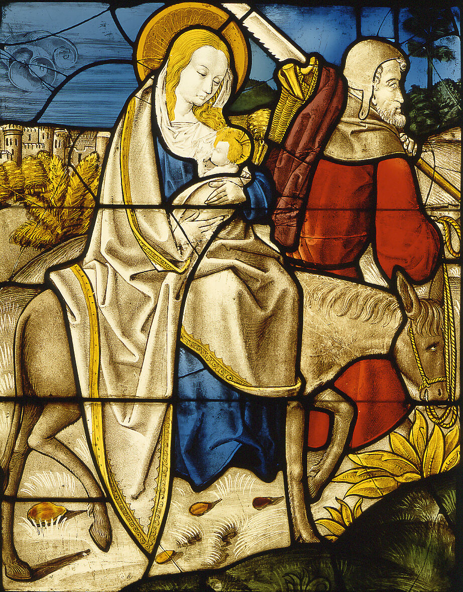 Stained Glass Panel with the Flight into Egypt, Pot metal, white glass, vitreous paint, silver stain, German
