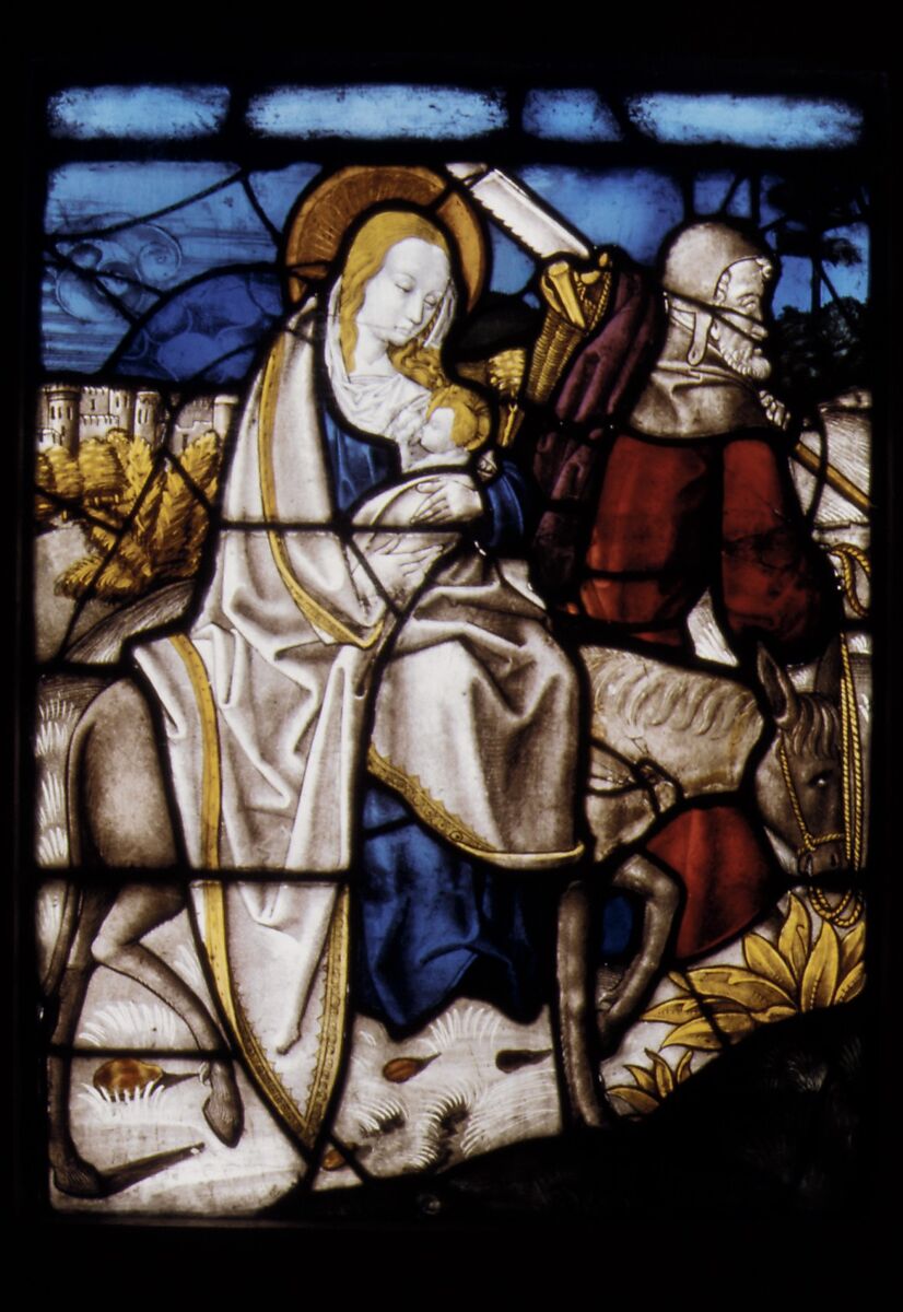 Stained Glass Panel with the Flight into Egypt, Pot metal, white glass, vitreous paint, silver stain, German