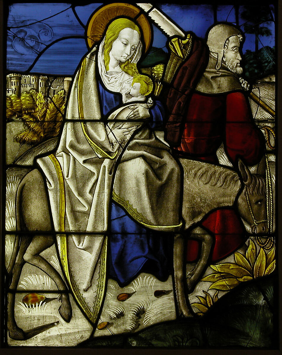 Stained Glass Panel with the Flight into Egypt, Pot metal, white glass, vitreous paint, silver stain, German 