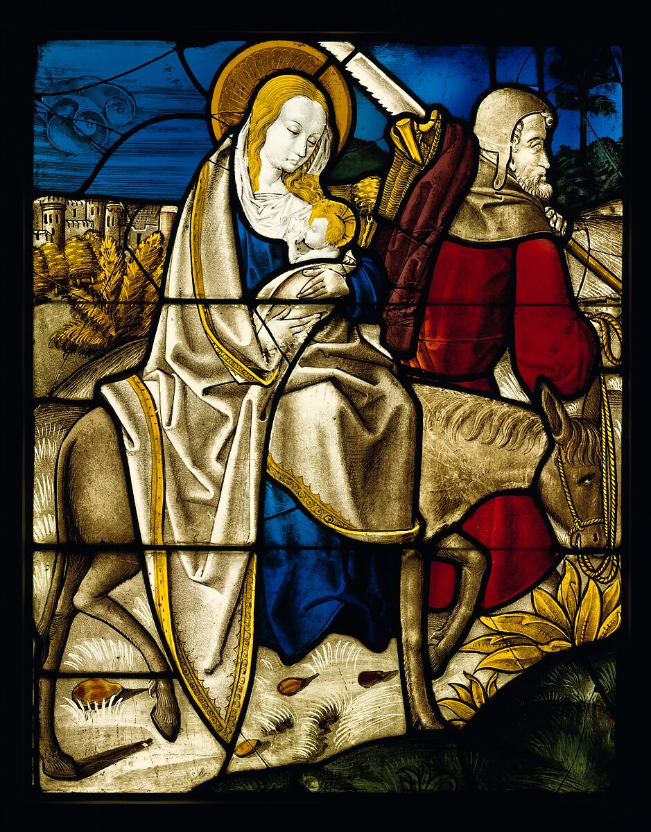 Stained Glass Panel with the Flight into Egypt, Pot metal, white glass, vitreous paint, silver stain, German