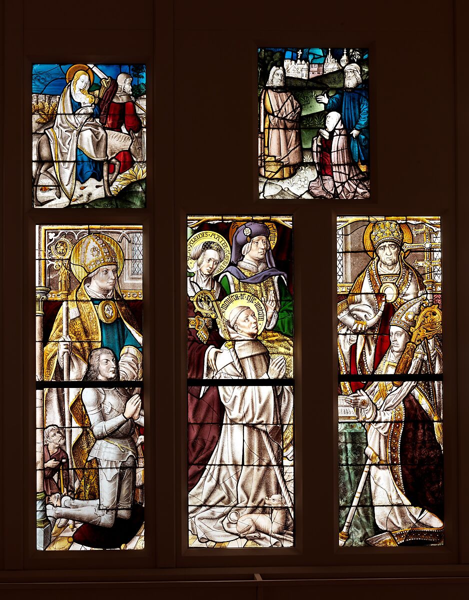 Stained Glass Panel with a Knight and His Patron Saint, Pot metal, white glass, vitreous paint, silver stain, German