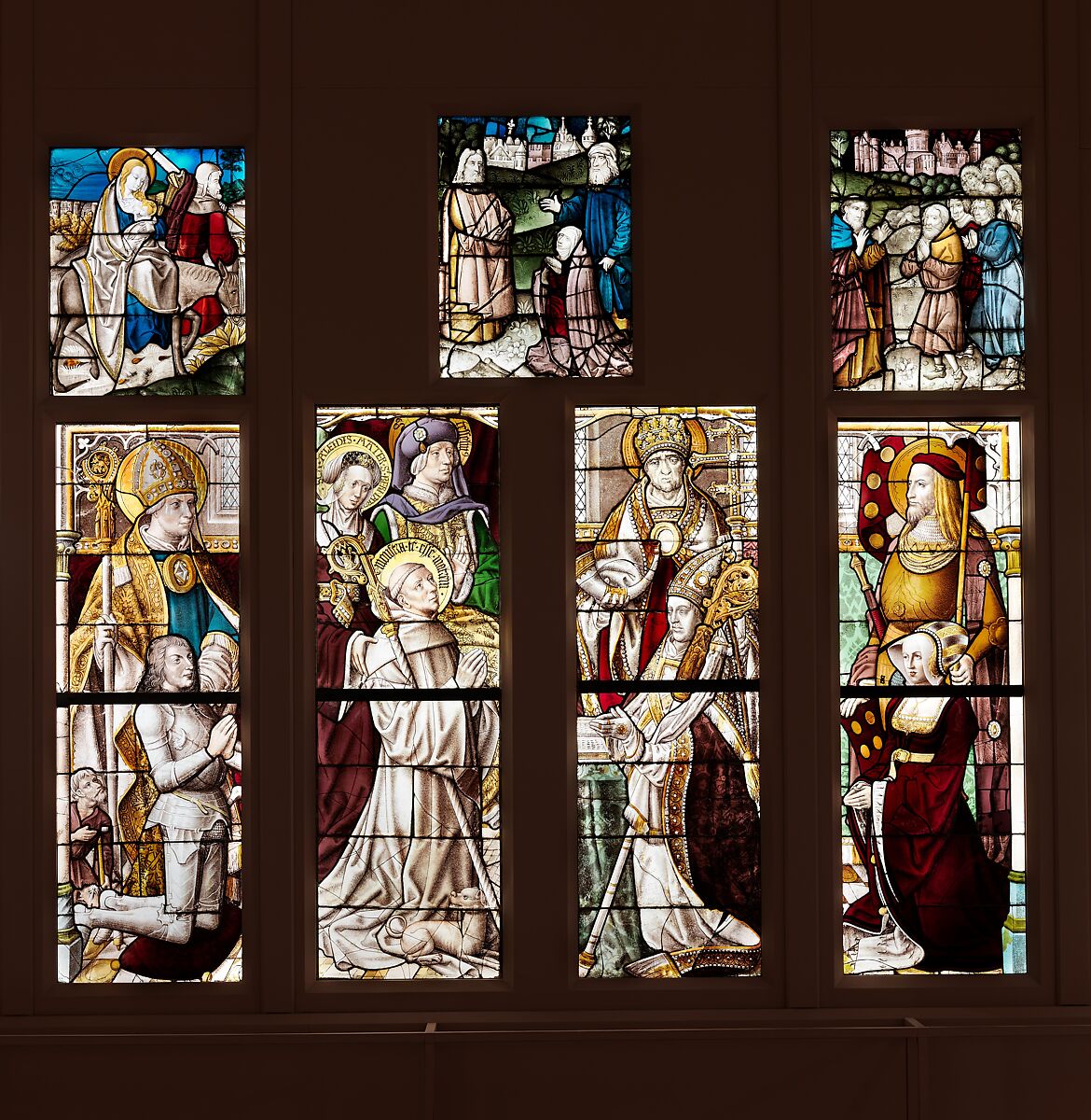 Stained Glass Panel with a Knight and His Patron Saint, Pot metal, white glass, vitreous paint, silver stain, German