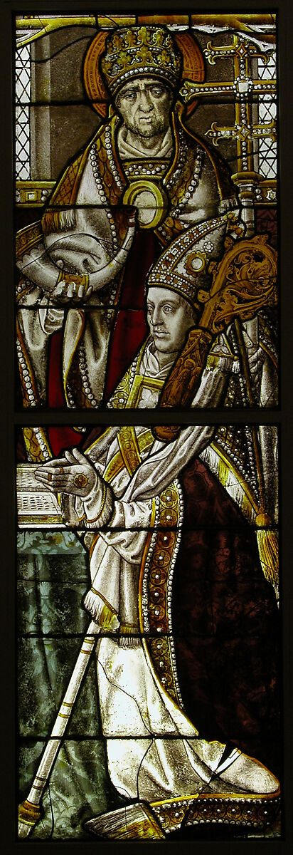 Stained Glass Panel with a Bishop and his Patron Saint, Pot metal, white glass, vitreous paint, silver stain, German 