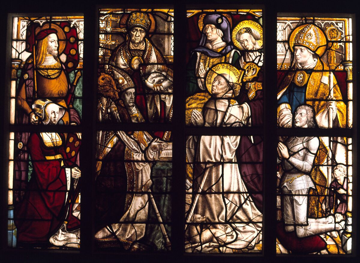 Stained Glass Panel with a Bishop and his Patron Saint, Pot metal, white glass, vitreous paint, silver stain, German