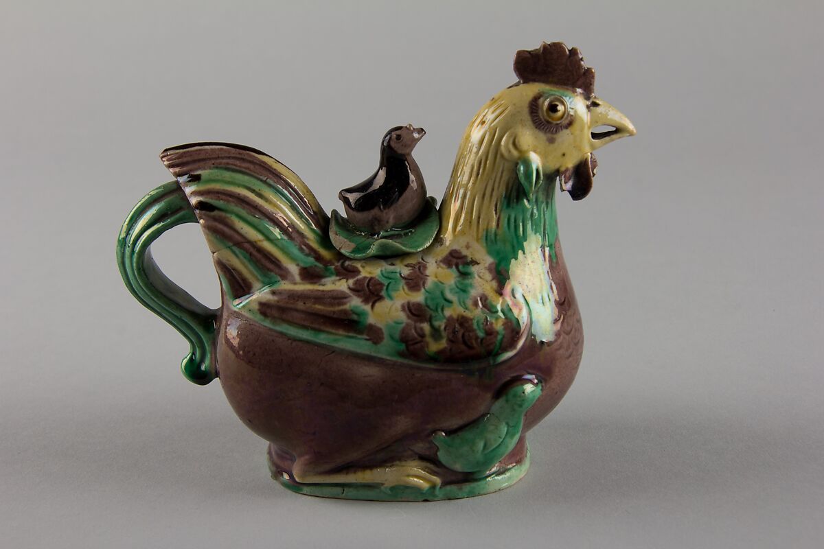 Chicken-form ewer (one of a pair), Porcelain painted in polychrome enamels on the biscuit (Jingdezhen ware), China