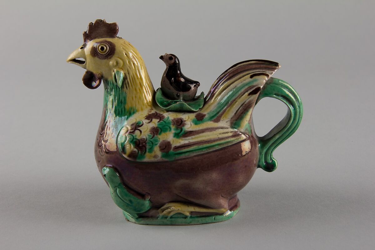 Chicken-form ewer (one of a pair), Porcelain painted in polychrome enamels on the biscuit (Jingdezhen ware), China 