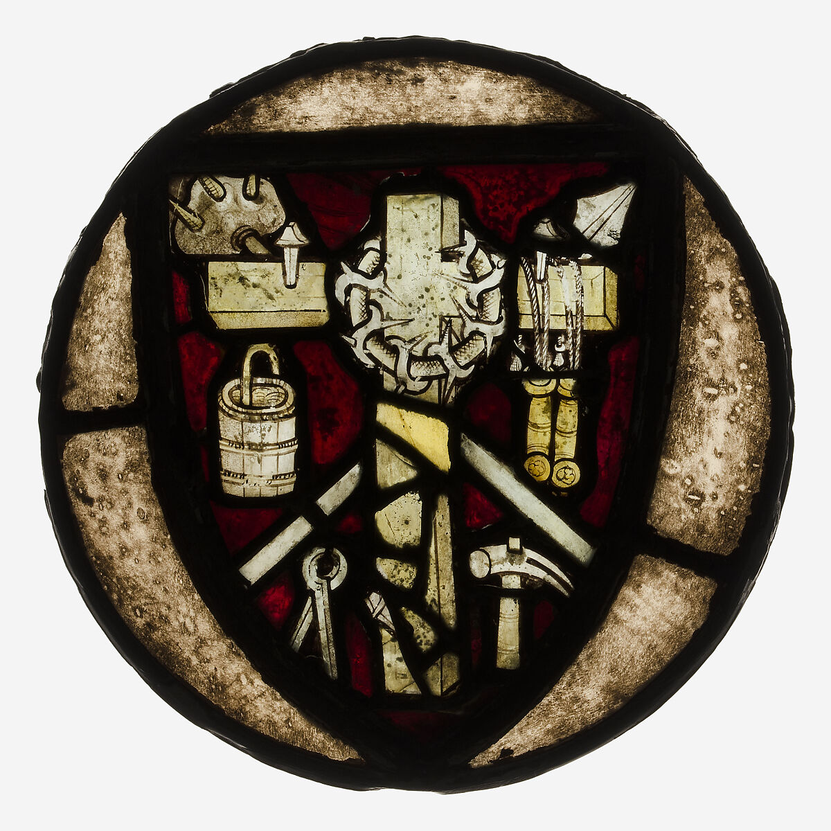 Roundel with Intruments of the Passion, Pot-metal, colorless glass, and vitreous paint, British 
