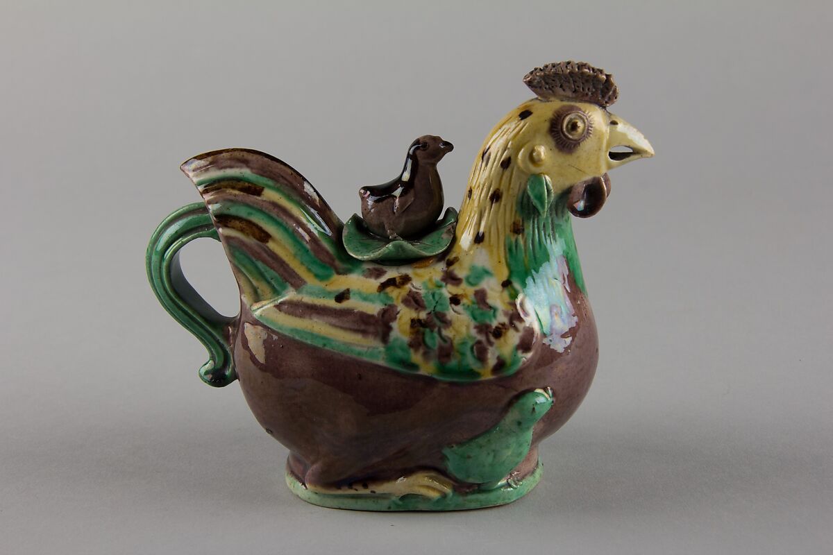 Chicken-form ewer (one of a pair), Porcelain painted in polychrome enamels on the biscuit (Jingdezhen ware), China