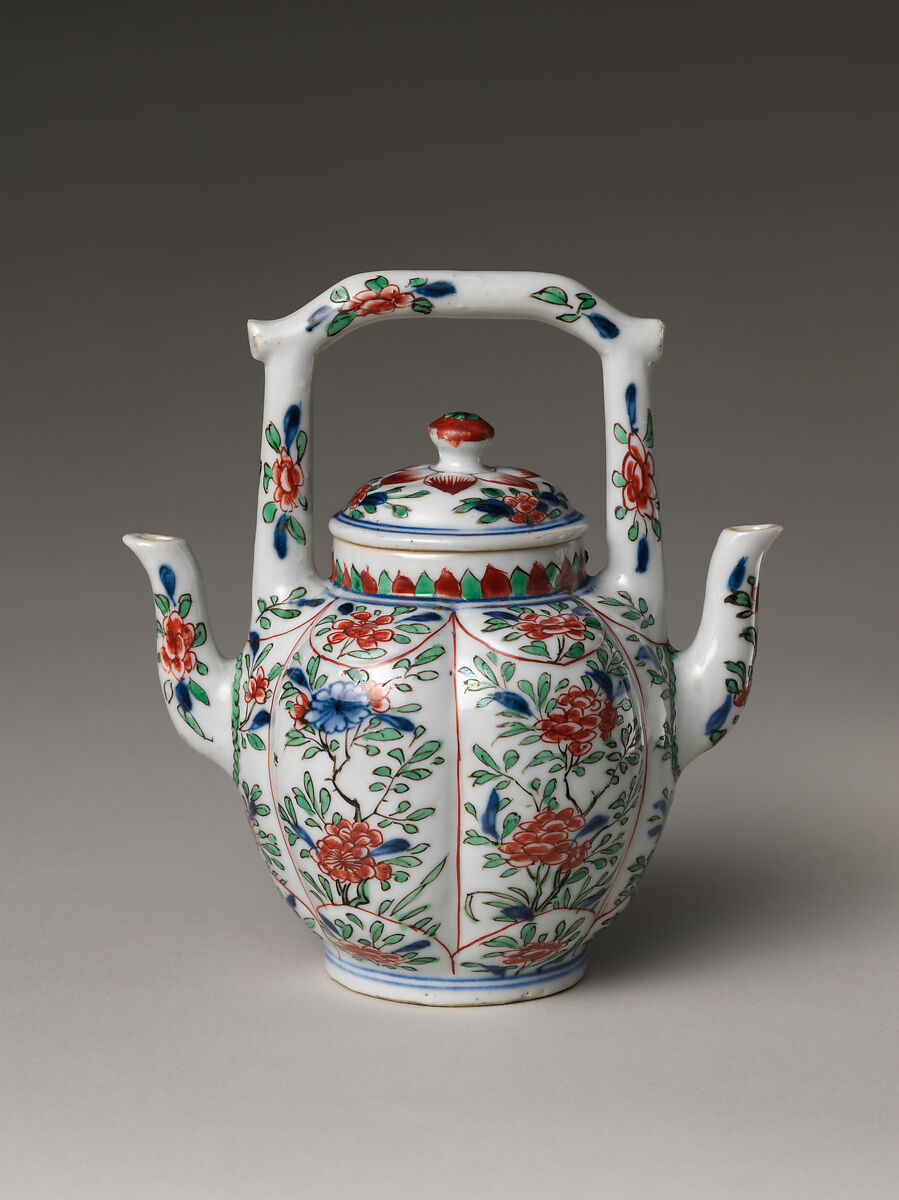 Double-Sided Teapot with Tree Peonies, Porcelain painted with cobalt blue under and colored enamels over transparent glaze (Jingdezhen ware), China 