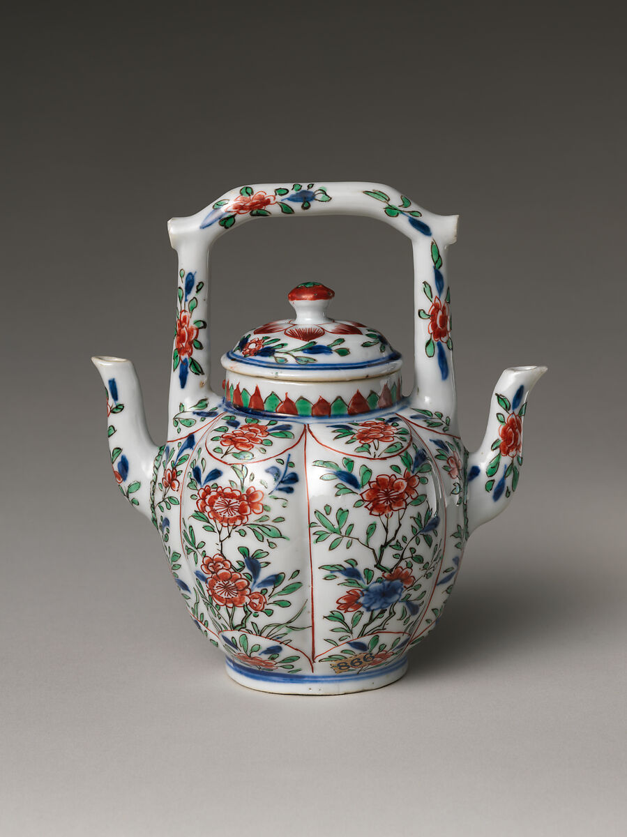 Double-Sided Teapot with Tree Peonies, Porcelain painted with cobalt blue under and colored enamels over transparent glaze (Jingdezhen ware), China