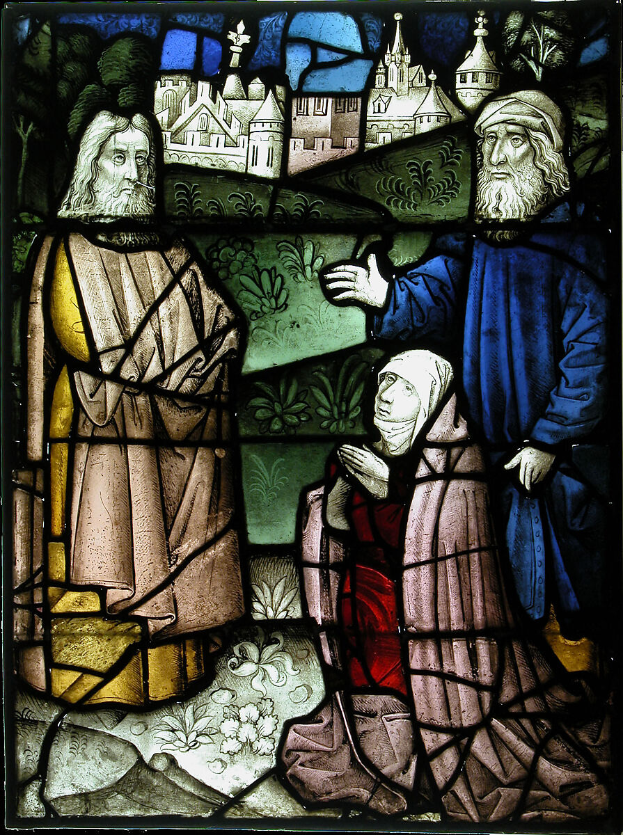 Stained Glass Panel with a Holy Man and Two Suppliants, Pot metal, white glass, vitreous paint, silver stain, South Netherlandish 