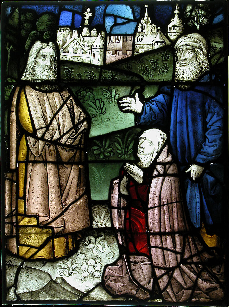 Stained Glass Panel with a Holy Man and Two Suppliants | South