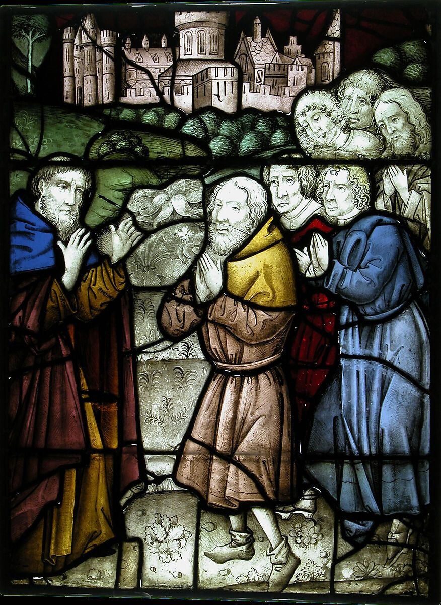 Stained Glass Panel with a Holy Man and Six Suppliants, Pot metal, white glass, vitreous paint, silver stain, South Netherlandish 