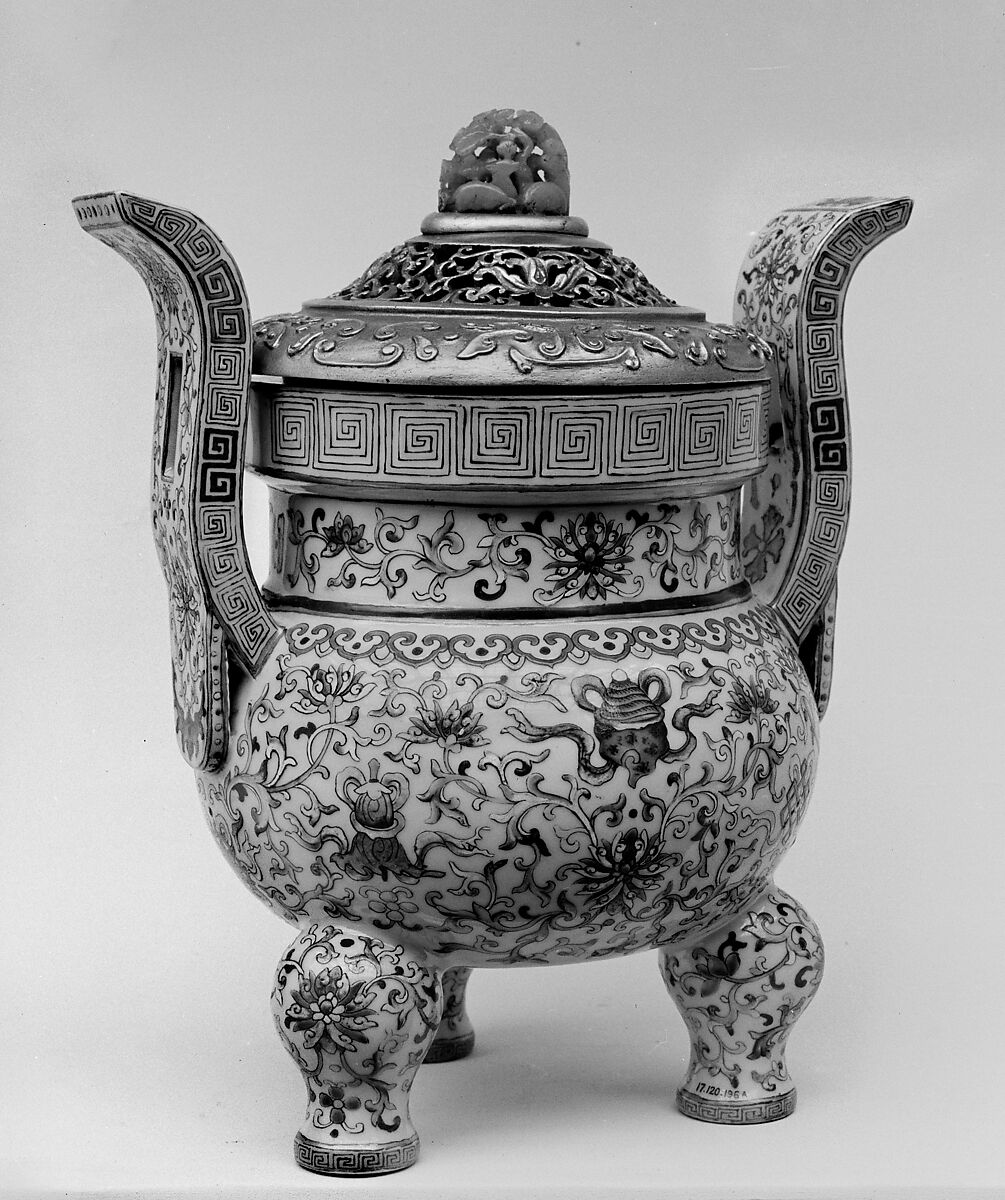 Tripod incense burner with Buddhist auspicious symbols, Porcelain painted in overglaze polychrome enamels (Jingdezhen ware), wooden cover with jade knob, China 