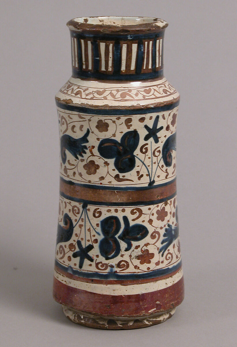 Pharmacy Jar, Earthenware, tin-glaze (lusterware), Spanish 