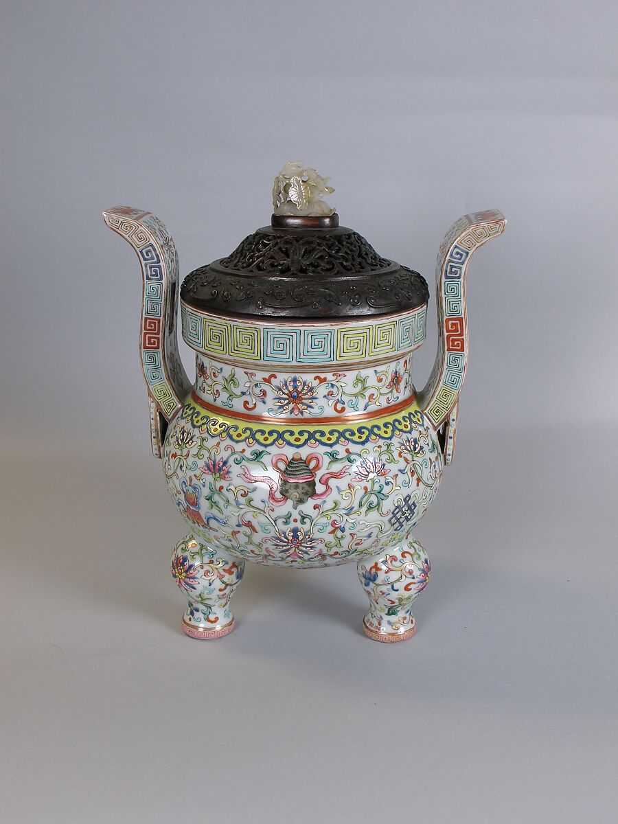 Tripod incense burner with Buddhist auspicious symbols, Porcelain painted in overglaze polychrome enamels (Jingdezhen ware), wooden cover with jade knob, China