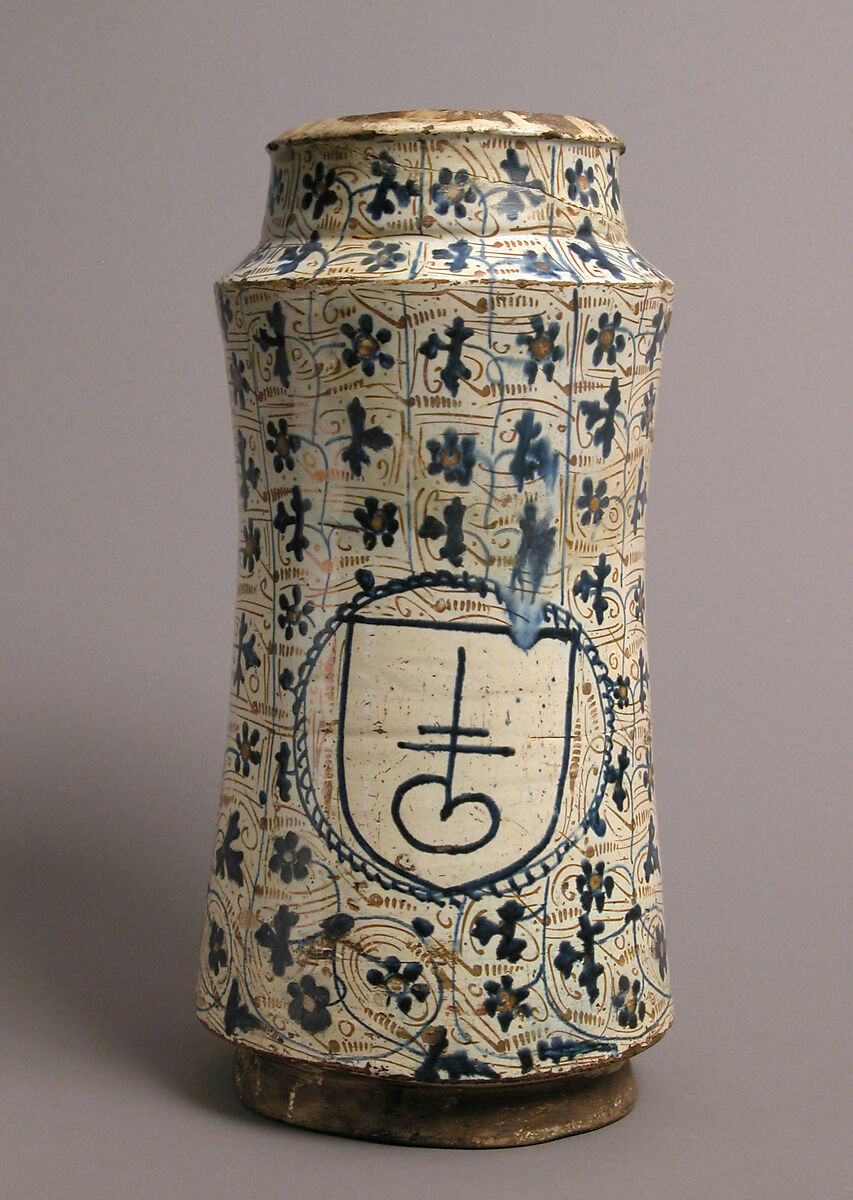 Pharmacy Jar, Earthenware, tin-glaze (lusterware), Spanish 