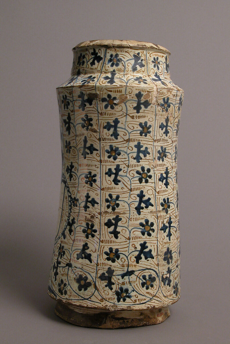 Pharmacy Jar, Earthenware, tin-glaze (lusterware), Spanish