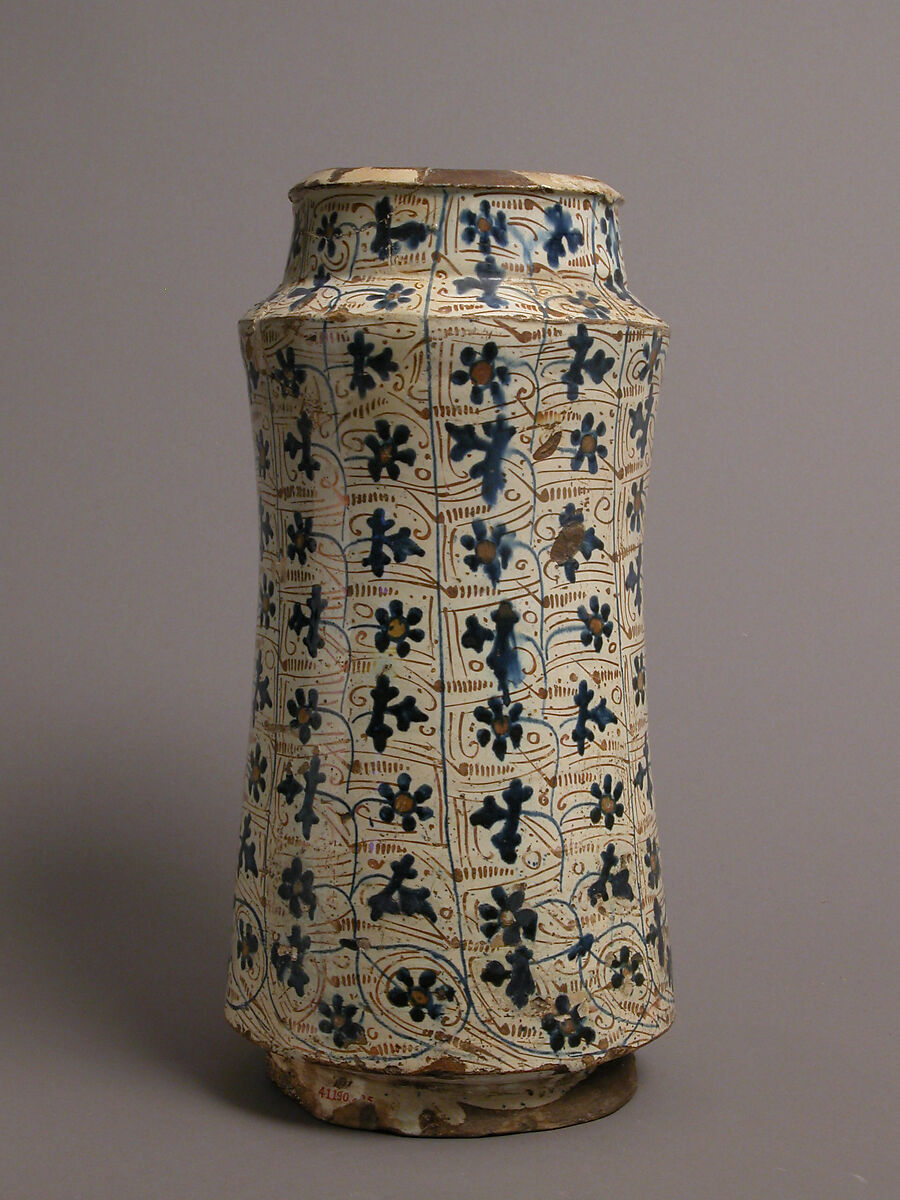 Pharmacy Jar, Earthenware, tin-glaze (lusterware), Spanish