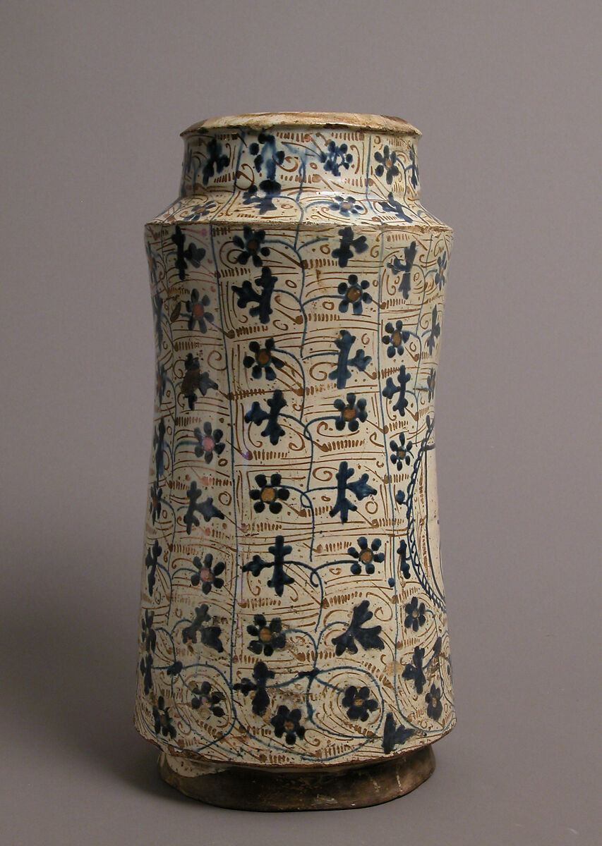 Pharmacy Jar, Earthenware, tin-glaze (lusterware), Spanish