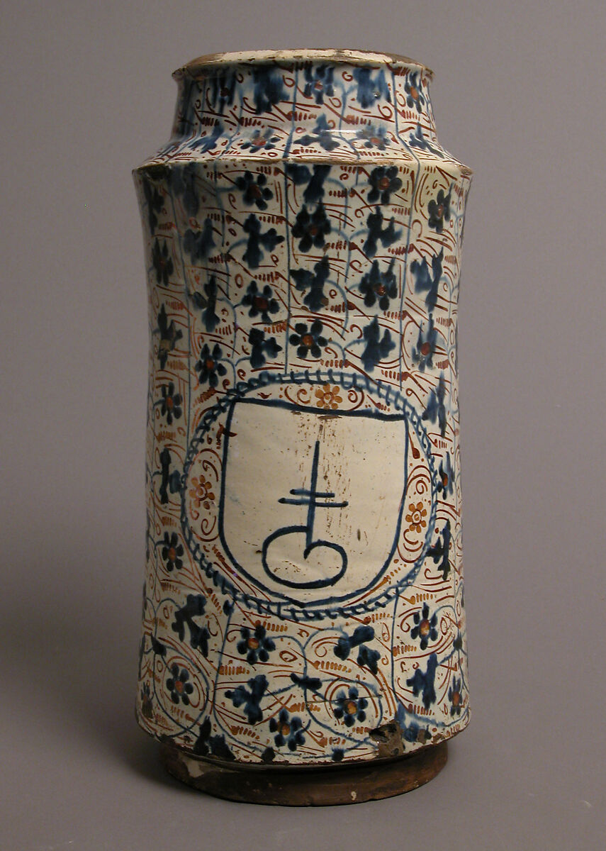 Pharmacy Jar, Earthenware, tin-glaze (lusterware), Spanish 