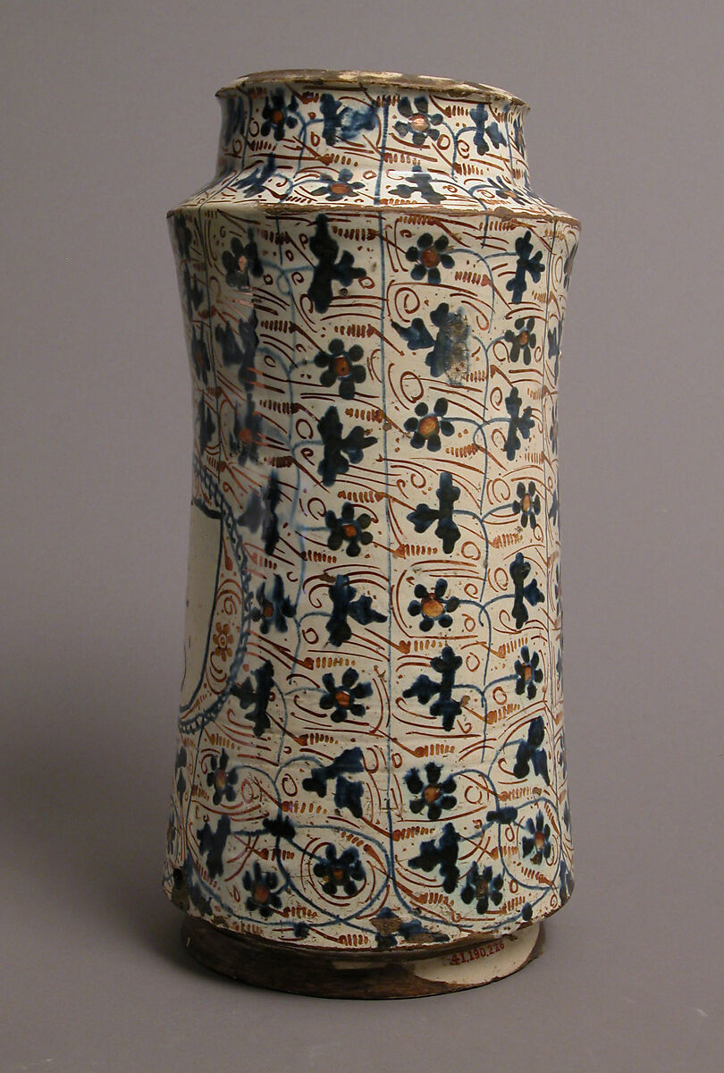 Pharmacy Jar, Tin-glazed earthenware, Spanish