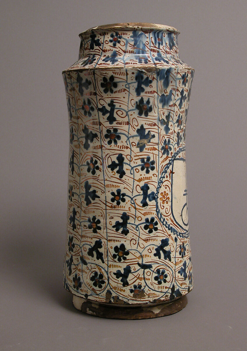 Pharmacy Jar, Tin-glazed earthenware, Spanish