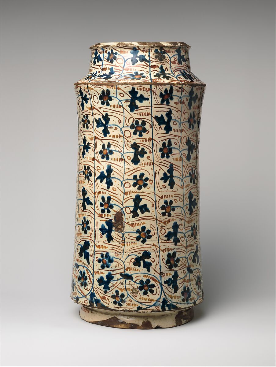 Pharmacy Jar, Tin-glazed earthenware, Spanish