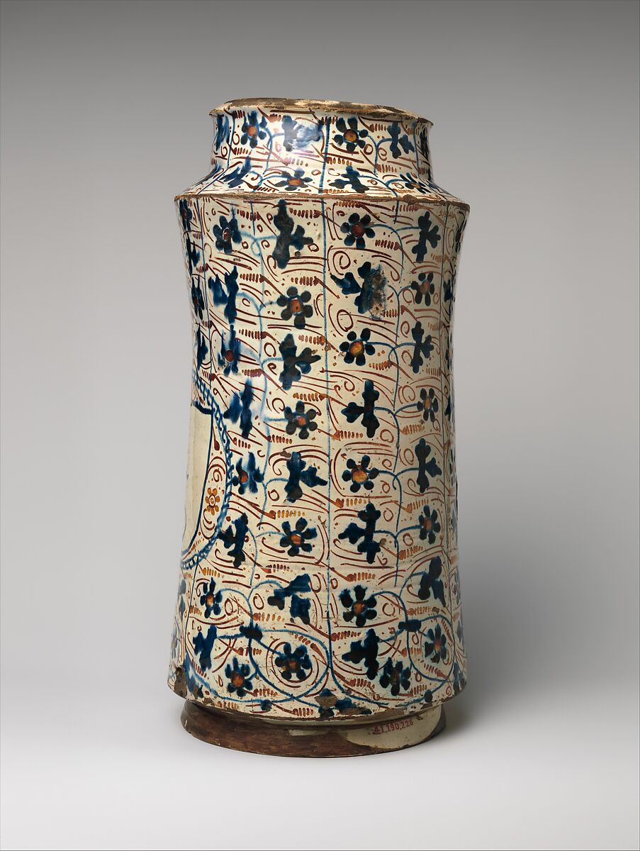 Pharmacy Jar, Tin-glazed earthenware, Spanish