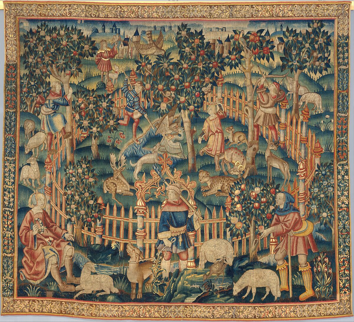Hunting of Birds with a Hawk and a Bow (from the Hunting Parks Tapestries), Wool and silk thread, South Netherlandish 