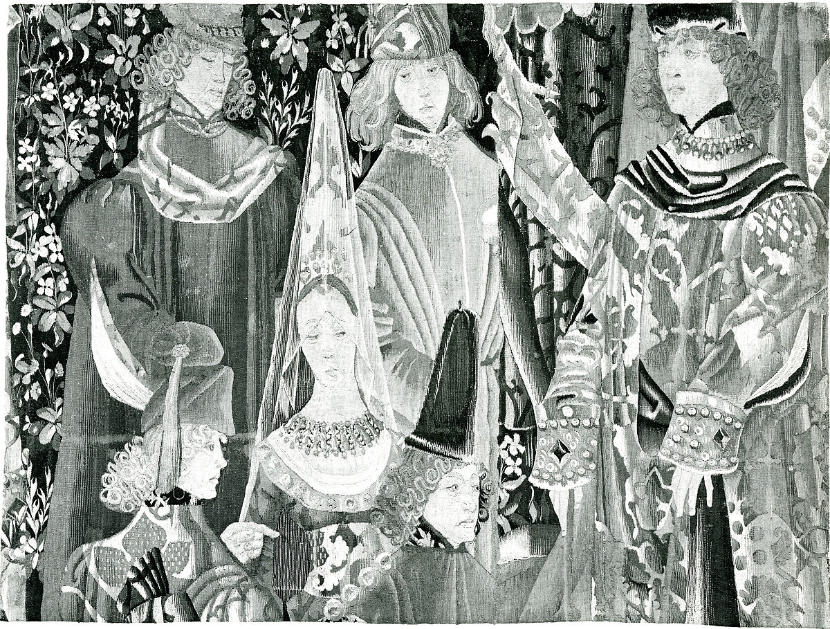 Six Courtiers, Wool warp, wool wefts with a few silk wefts, South Netherlandish 