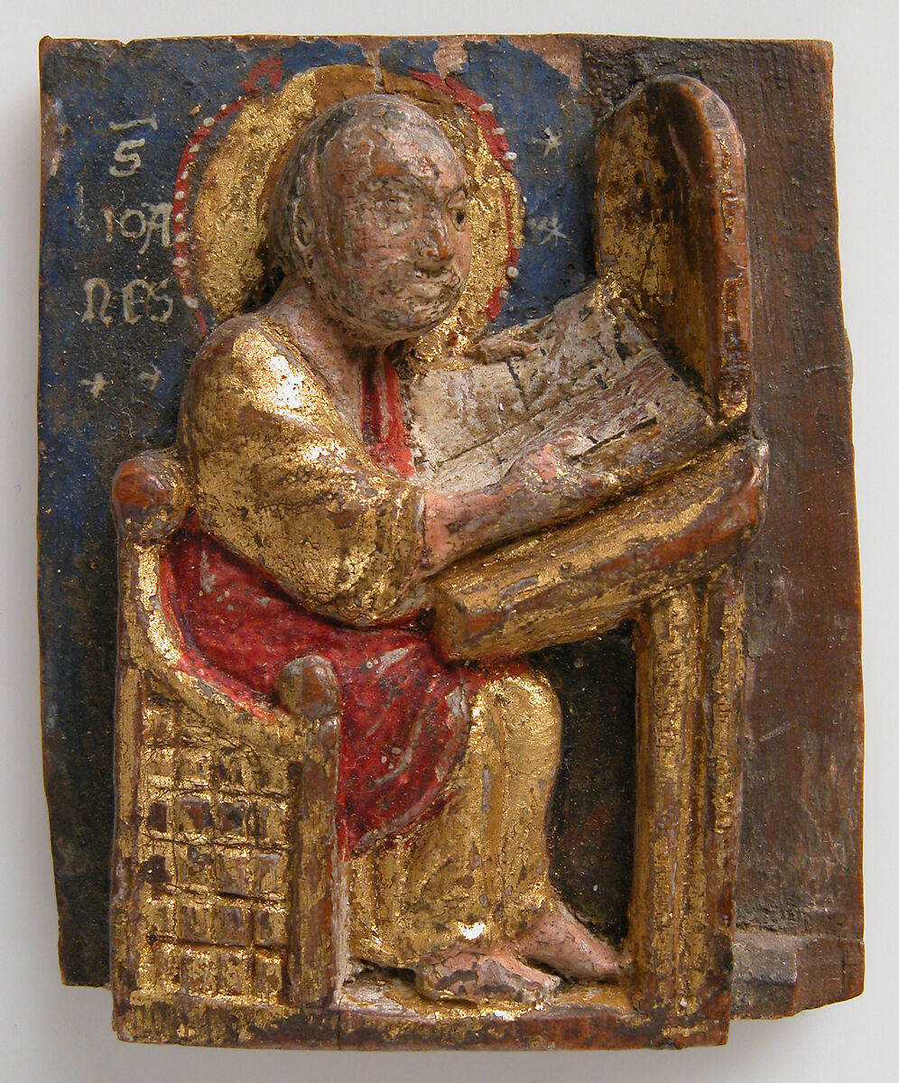 Miniature Relief of Saint John the Evangelist at His Writing Table, Wood, polychromy, gilding, German 
