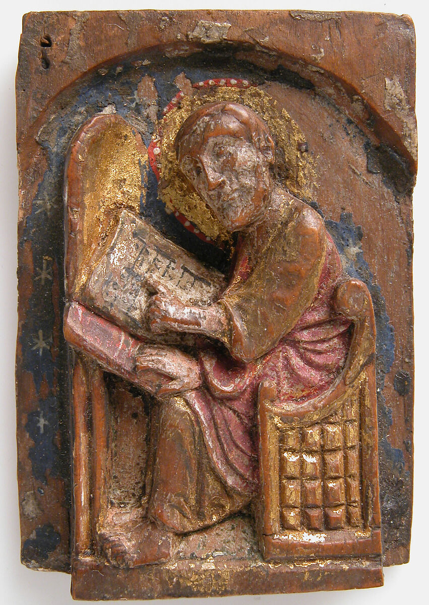 Miniature Relief of a Saint Luke at His Writing Table, Wood, polychromy, gilding, German 