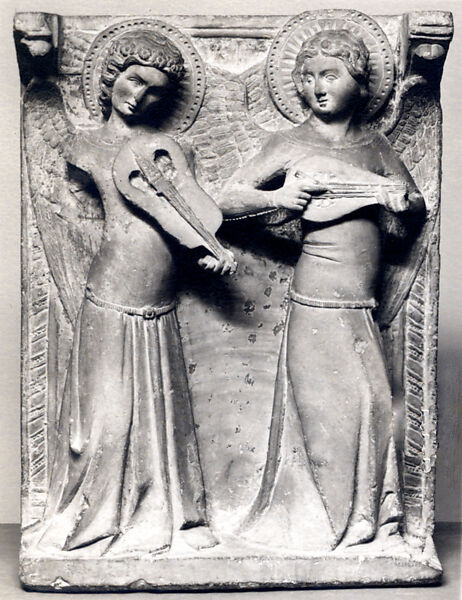 Two Angels with Musical Instruments, Stone, French (?) 