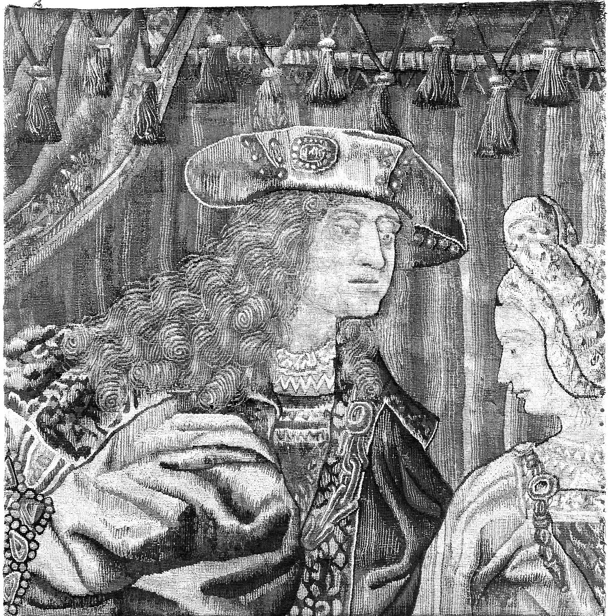 Lady and Gentleman in front of Two Curtains, Wool warp;  wool and silk wefts, South Netherlandish 